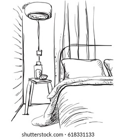 Bedroom interior sketch. Hand drawn furniture