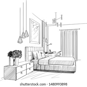 Bedroom Interior Sketch. Vector Illustration