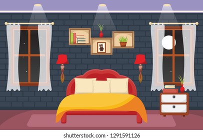 Bedroom Interior Sleeping Room Flat Design Illustration