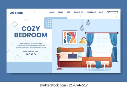 Bedroom Interior Social Media Landing Page Template Flat Cartoon Background Vector Illustration