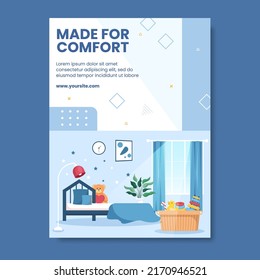 Bedroom Interior Social Media Poster Template Flat Cartoon Background Vector Illustration