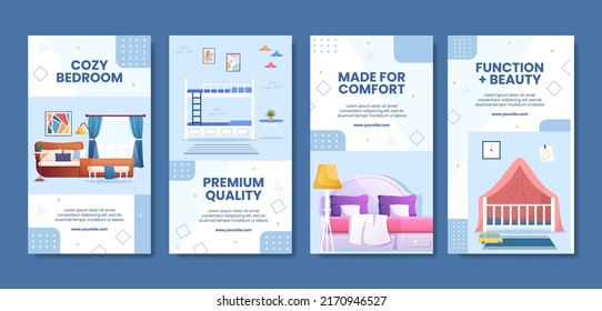 Bedroom Interior Social Media Stories Template Flat Cartoon Background Vector Illustration
