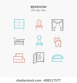 Bedroom, interior, thin line color icons set, vector illustration