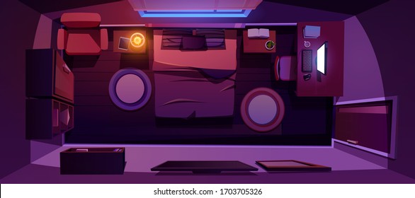 Bedroom interior top view, dark modern home or hotel empty apartment with double king size bed, nightstands with lamp and desk with working computer, bedchamber indoors Cartoon vector illustration