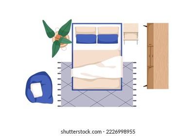 Bedroom interior top view. Double bed with pillows and blanket, nightstand, wood cupboard, house plant. Modern furniture in room project, layout. Flat vector illustration isolated on white background