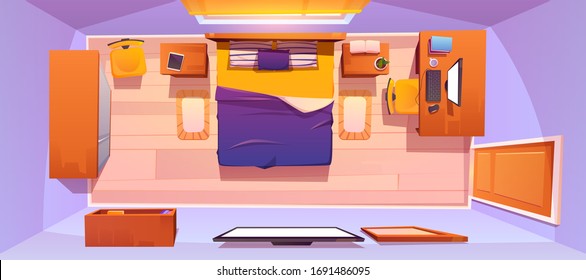 Bedroom interior top view. Vector cartoon furniture for sleeping room, king size bed, tv, workspace with desk and computer, bookshelf, wardrobe and in empty room background