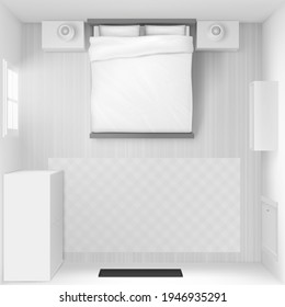 Bedroom interior top view. Vector realistic mockup of empty sleeping room with double bed with white sheet, pillows and duvet, tv on wall, carpet, wardrobe and nightstands