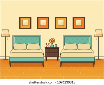 Bedroom interior with two beds. Hotel room. Vector. Home retro space in flat design. Outline modern illustration. Cartoon house equipment. Vintage animated apartment. Linear background 1960s 1970s.