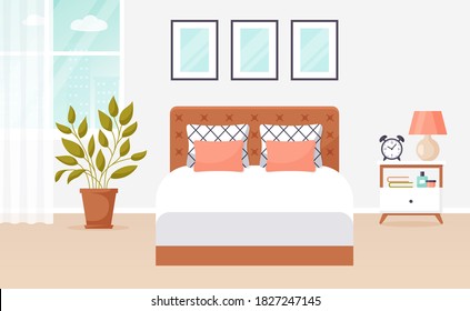 Bedroom interior. Vector banner. Modern cozy room design with double bed, bedside table, window, and decor accessories. Home furnishings. Flat background.