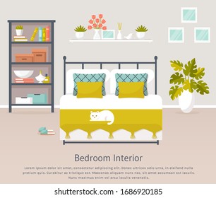 Bedroom interior. Vector banner with place for text. Design of a trendy cozy room with double bed, shelf unit, white cat, and decor accessories. Home furnishings. Flat illustration.