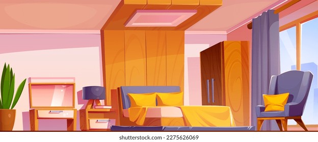 Bedroom interior vector cartoon background. Empty hotel apartment with bed, makeup table, mirror and armchair near big window. Yellow anf gray design with wood texture decor platform.