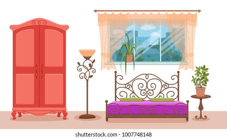 Bedroom interior vector. Colorful illustration of hotel apartment furniture bed, bedside table, lamp, house plant. Concept for web site design or advertisement. Isolated on White background