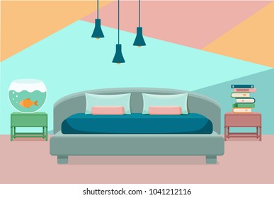 Bedroom interior vector. Colorful illustration of hotel apartment furniture bed, aquarium, lamp, house books. Concept for web site design or advertisement. Isolated on White background