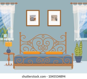 Bedroom interior vector. Colorful illustration of hotel apartment furniture bed, bedside table, lamp, house plant. Concept for web site design or advertisement. Isolated on White background