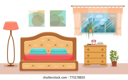 Bedroom interior vector. Colorful illustration of hotel apartment furniture bed, bedside table, lamp, house plant. Concept for web site design or advertisement. Isolated on White background