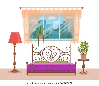 Bedroom interior vector. Colorful illustration of hotel apartment furniture bed, bedside table, lamp, house plant. Concept for web site design or advertisement. Isolated on White background