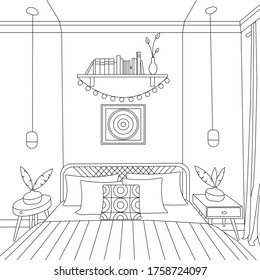Bedroom interior. Vector. Coloring page. Line art flat design