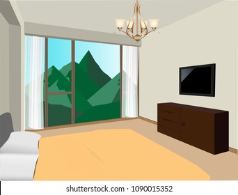 Bedroom interior vector design. Colorful illustration of mountain, chandelier and furniture.