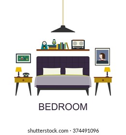 Bedroom interior. Vector flat illustration.