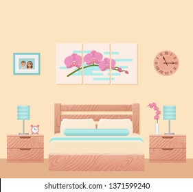 Bedroom Interior. Vector. Hotel Room With Bed. Home Space With Furniture. Cartoon House Equipment. Colorful Animated Background. Modern Apartment. Illustration In Flat Design.