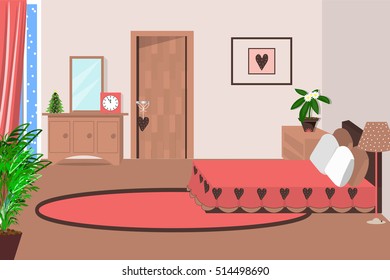 Bedroom interior vector illustration. Cartoon. Bedroom in coral and brown shades. Cosy winter interior