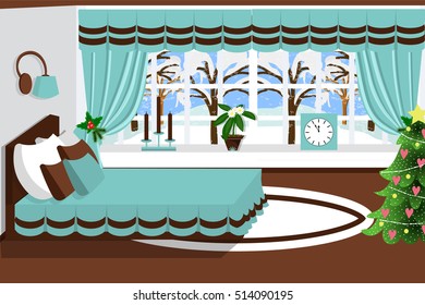 Bedroom interior vector illustration. Christmas bedroom design. Cartoon. Room in blue and brown shades
