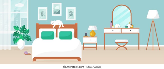 Bedroom interior. Vector illustration. Design of a cozy room with double bed, bedside table, dressing table, cute cat, window and decor accessories. Home furnishings. Horizontal flat banner.