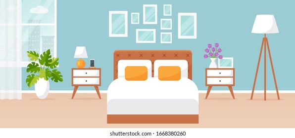 Bedroom interior. Vector illustration. Design of a modern room with double bed, bedside tables, window and decor accessories. Home furnishings. Horizontal flat banner.