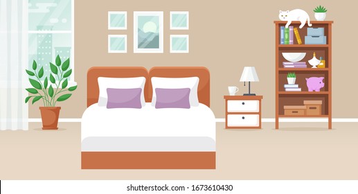 Bedroom interior. Vector illustration. Design of a cozy room with double bed, bedside table, window, bookcase, decor accessories and cute cat. Home furnishings. Horizontal flat banner.