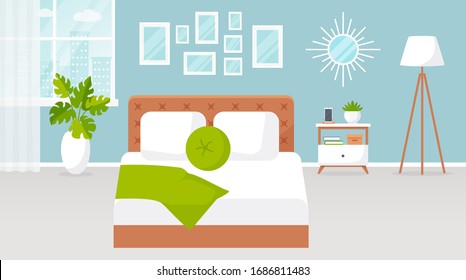 Bedroom interior. Vector illustration. Design of a modern room with double bed, bedside table, window, floor lamp and decor accessories. Home furnishings. Horizontal flat banner.