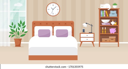 Bedroom interior. Vector illustration. Design of a cozy room with double bed, bedside table, window, bookcase and decor accessories. Home furnishings. Horizontal flat banner.