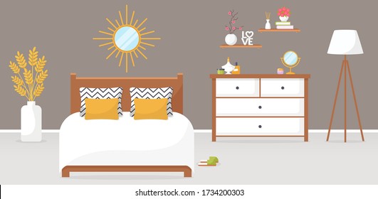 Bedroom interior. Vector illustration. Design of a trendy cozy room with double bed, dresser, mirror, torchere, and decor accessories. Home furnishings. Horizontal flat banner.