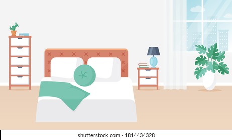 Bedroom interior. Vector illustration. Design of a modern room with double bed, bedside table, drawer unit, window, and decor accessories. Home furnishings. Horizontal flat banner.