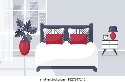 Bedroom interior. Vector illustration. Design of a trendy cozy room with double bed, bedside table, window and decor accessories. Home furnishings. Flat banner in white, gray and red colors.