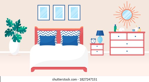 Bedroom interior. Vector illustration. Design of a trendy room with double bed, bedside table, dresser and decor accessories. Home furnishings. Horizontal flat banner.