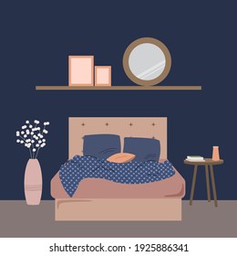 Bedroom interior vector illustration. Double bed with pillows and blanket on a blue background. Furniture set.