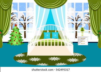 Bedroom interior vector illustration. Festive interior. The bedroom is decorated in green and blue hues