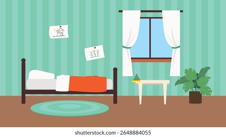 Bedroom interior vector illustration in flat style. Bedroom with furniture, window, plants and toys.