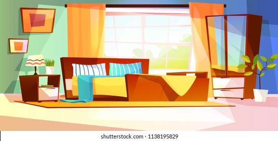 Bedroom interior vector illustration of furniture on background. Cartoon design of modern or retro room with bed, drawer with mirror and shelf, plants and lamp on carpet and window with curtains