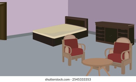 Schlafzimmer Interieur Vektorgrafik mit Möbeln.leeres Schlafzimmerdesign mit einem Bett, Schrank, Sesseln, Holztisch und einer Holztür 