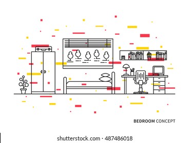 Bedroom interior vector illustration. Bedroom interior line art with colorful decorative elements creative concept.
