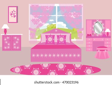 Bedroom interior vector illustration. Pink bedroom for girls. Cartoon