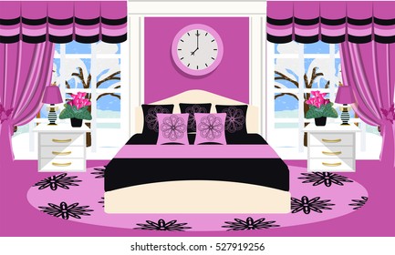 Bedroom interior vector illustration. Room with furniture - bed, sofa, carpet, window, lamp, plant, clock, pillows, curtains, bedside table. Flat style. Bedroom in black and pink.