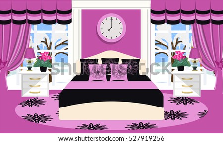Bedroom interior vector illustration. Room with furniture - bed, sofa, carpet, window, lamp, plant, clock, pillows, curtains, bedside table. Flat style. Bedroom in black and pink.