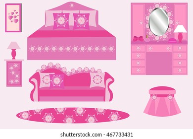 Bedroom interior vector illustration. A set of furniture for girls. Bedroom pink color
