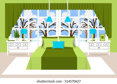 Bedroom interior vector illustration. Winter interior bedroom blue and green. Cartoon
