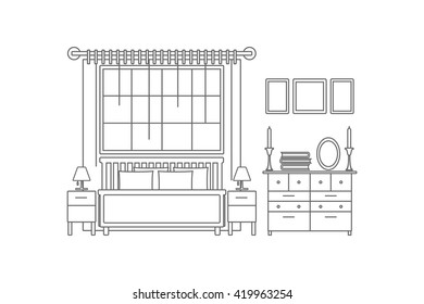 Bedroom interior. Vector line illustration.
