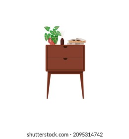 Bedroom interior. Vector nightstand. The isolated image on a white background. On the nightstand is a houseplant, a stack of books and incense.