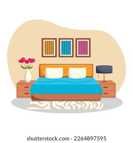 Bedroom interior. Vector, no background. Bed, bedside tables, paintings, vase of flowers, carpet, lamp.