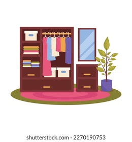 Bedroom interior. Vector, no background. Wardrobe with clothes, boxes, table with lockers, mirror, potted plant, carpet. 